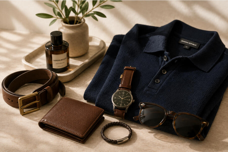 Untitled Men’s fashion accessories with navy shirt, leather wallet, watch, belt and sunglasses