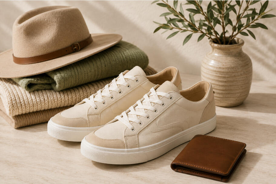 Untitled Neutral sneakers with leather wallet and curated accessories